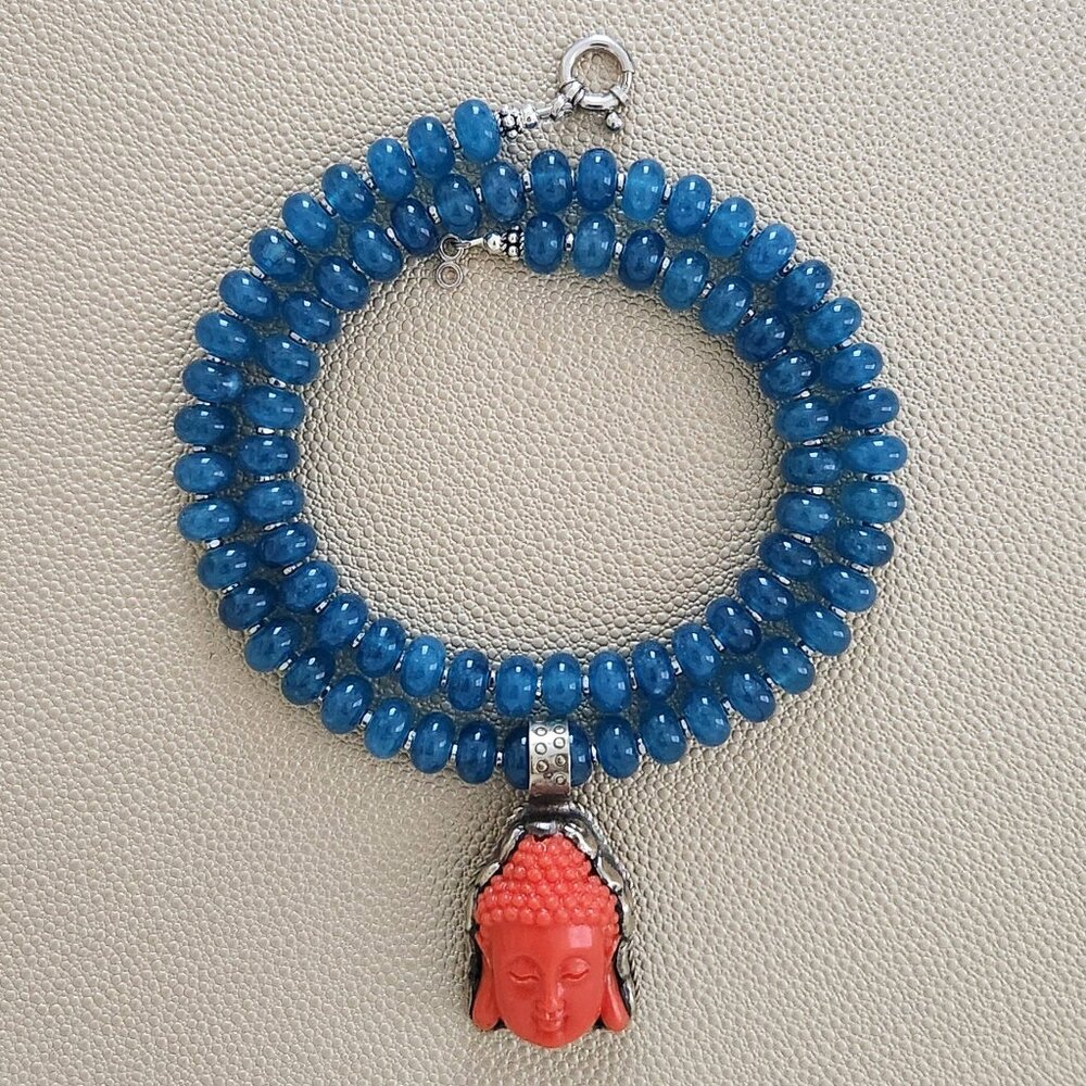 DARK BLUE JADE NECKLACE W/ BUDDHA PENDANT--20"